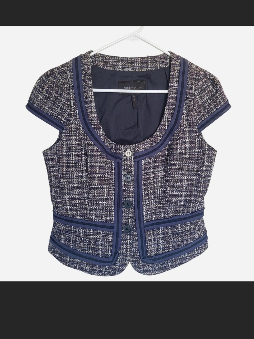BCBG Max Azria navy blue tweed vest with button front and pockets